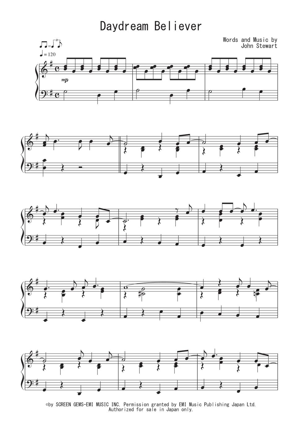 ザ・モンキーズ - Daydream Believer ピアノ楽譜PDF | Peony | Kokomu