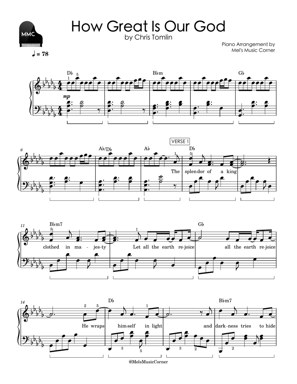 Chris Tomlin - How Great is our God (piano sheet music) by Mel's Music Corner
