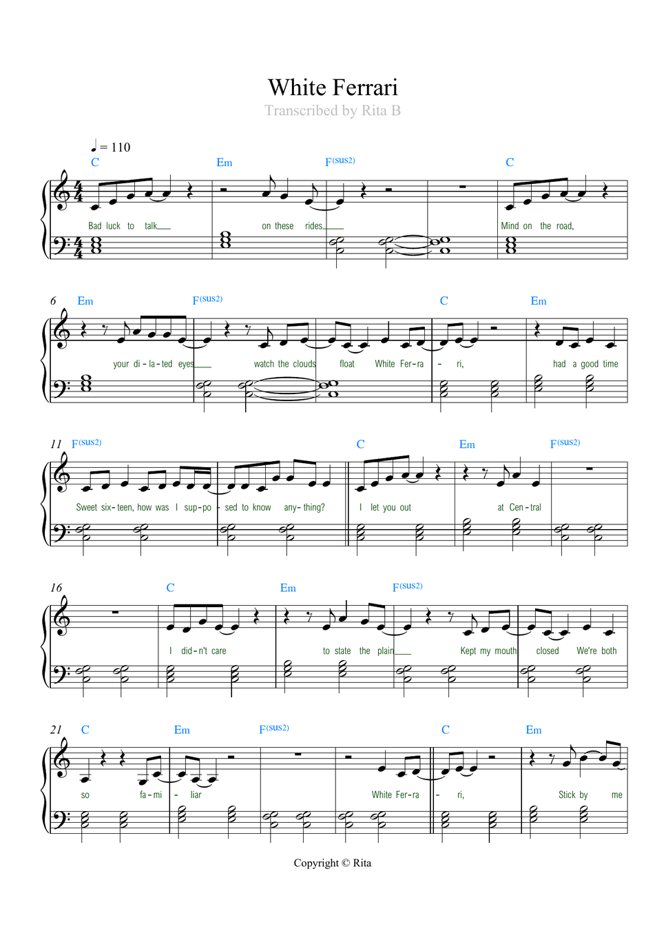 Frank Ocean - White Ferrari (lyrics/chords) by Rita B