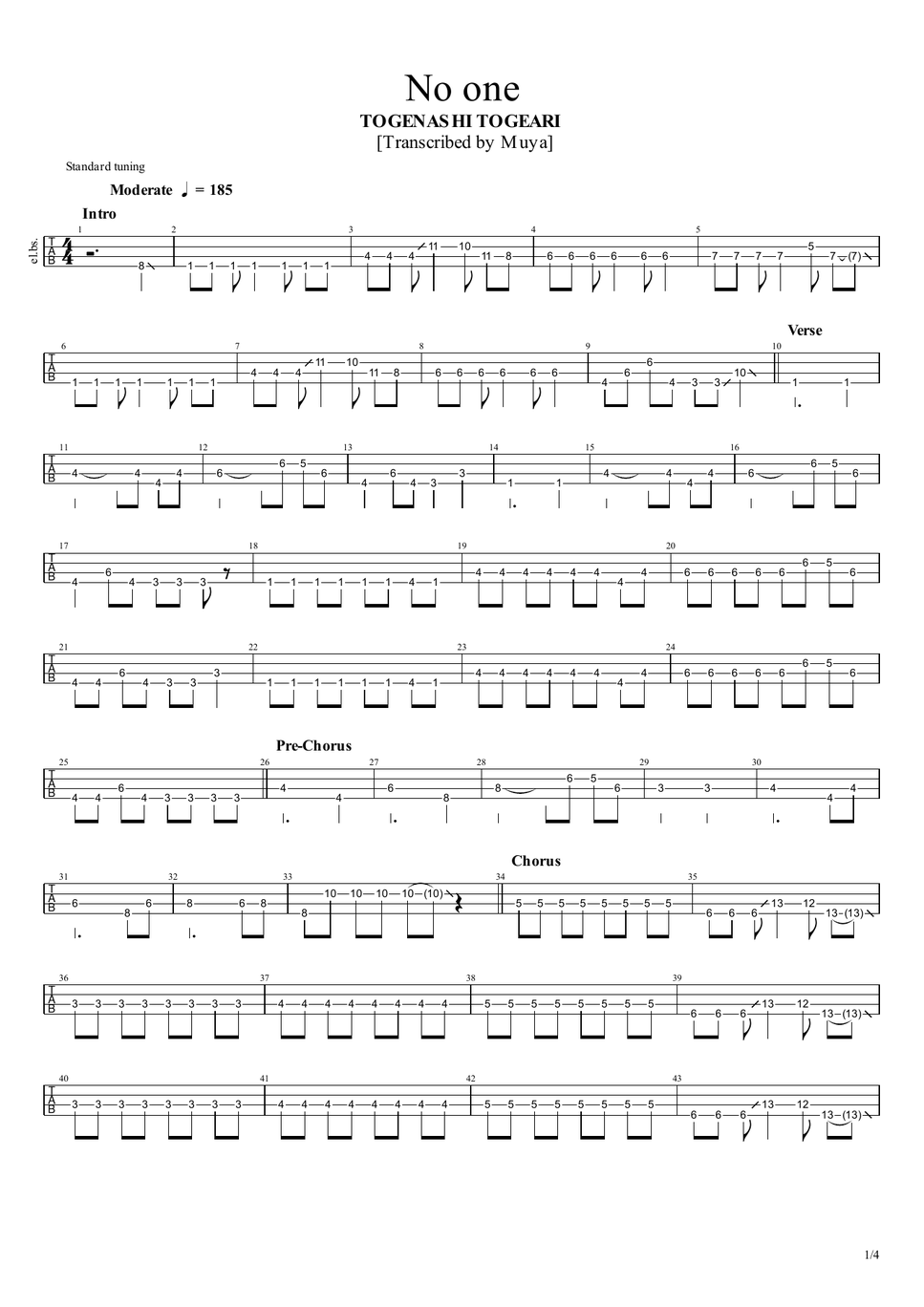 TOGENASHI TOGEARI - No one (Bass TAB) by Muya