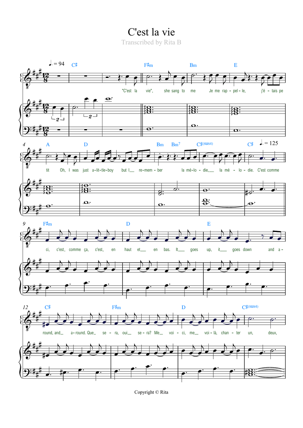 Claude - C'est la vie (Two files: easy and duo. Lyrics, chords) by Rita B