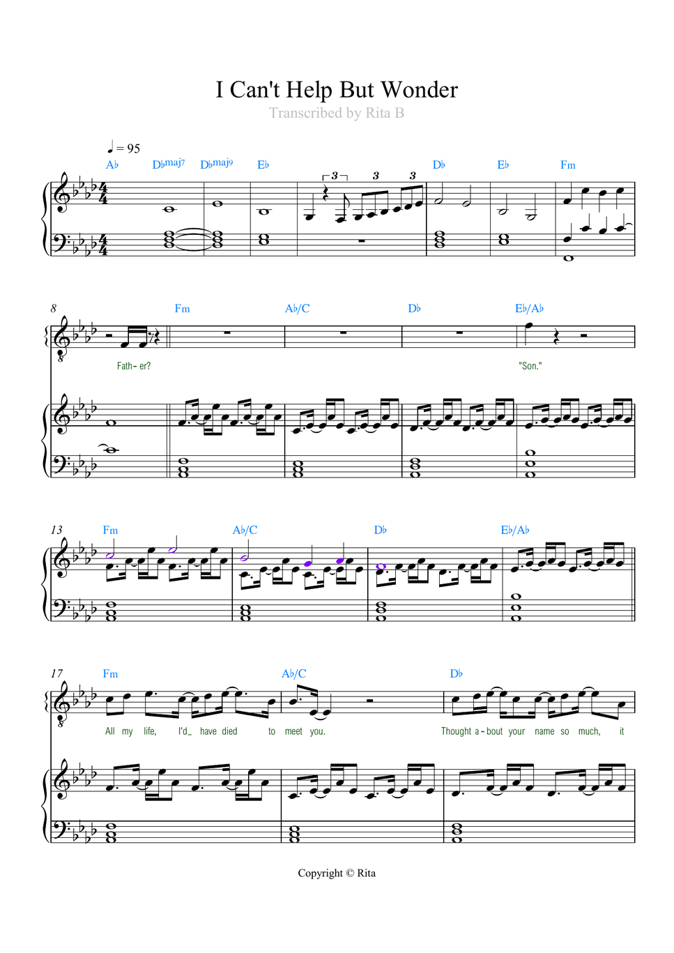 Jorge Rivera-Herrans - I Can't Help but Wonder from Epic: The Musical (Two files: easy and duo sheet music) by Rita B