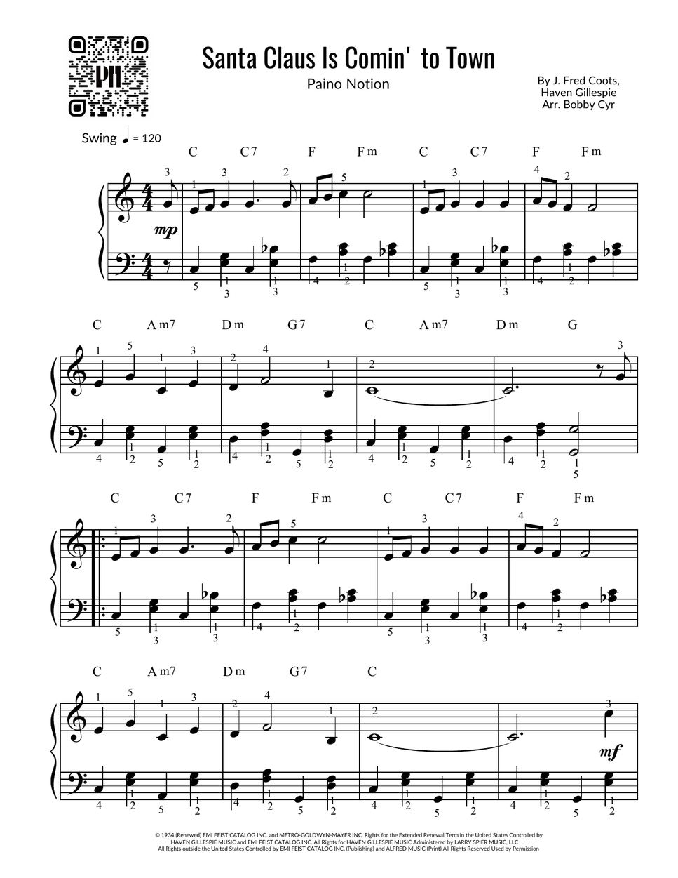 Frank Sinatra - Santa Claus Is Comin' to Town (Easy Piano) by Piano Notion