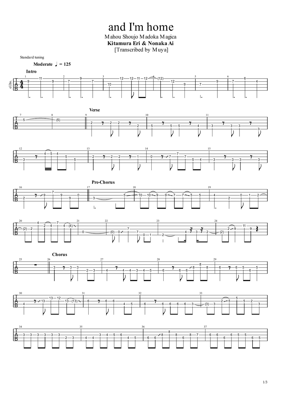 Kitamura Eri &amp; Nonaka Ai - and I'm home (Bass TAB) by Muya