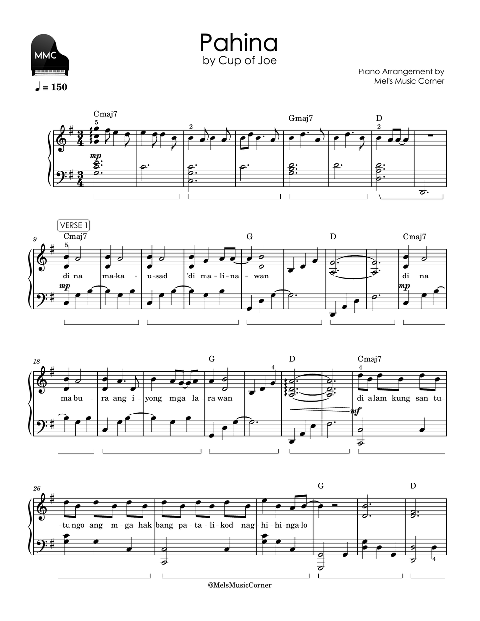 Cup of Joe - Pahina (piano sheet music) by Mel's Music Corner