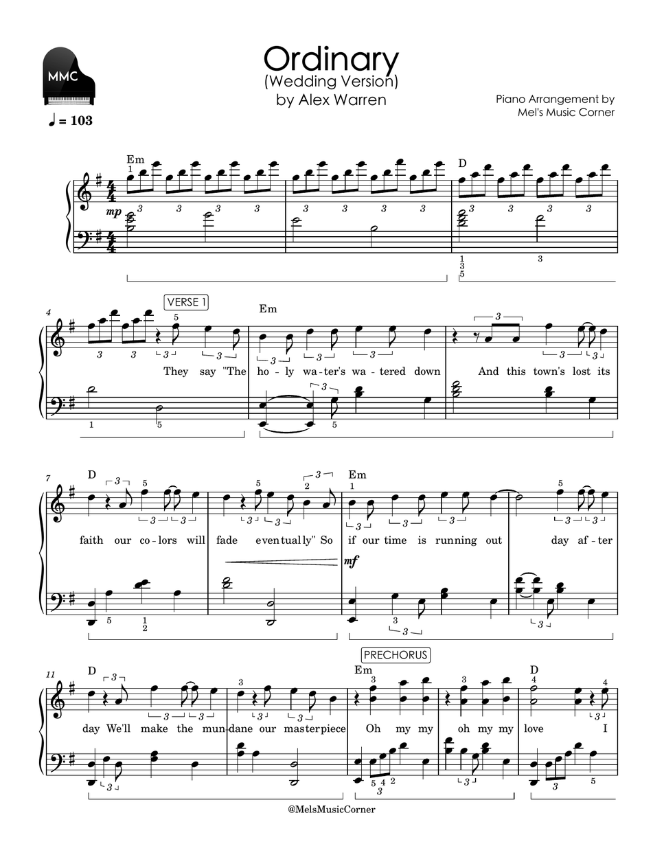 Alex Warren - Ordinary (Wedding version) (piano sheet music) by Mel's Music Corner