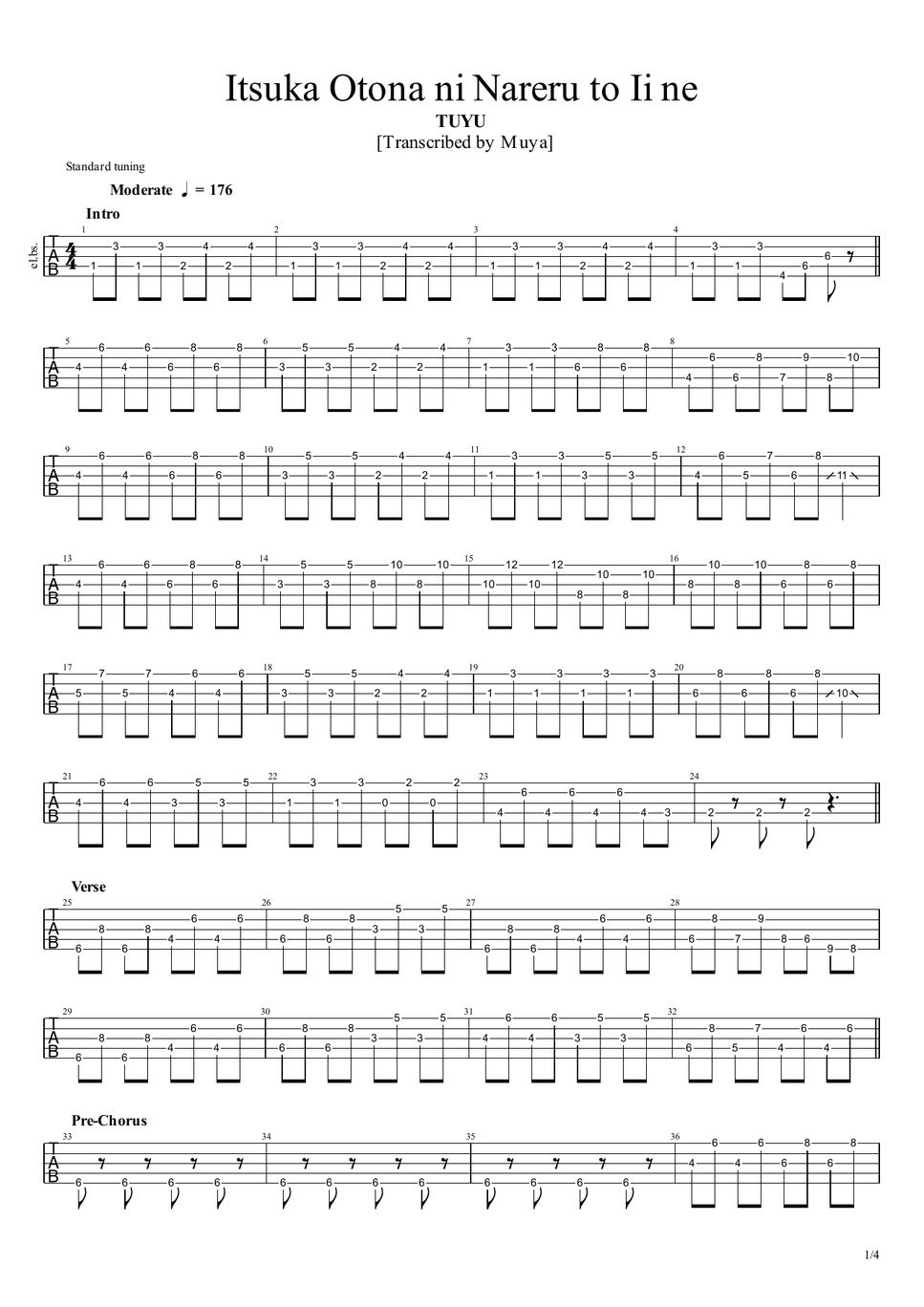 TUYU - Itsuka Otona ni Nareru to Ii ne (Bass TAB) by Muya