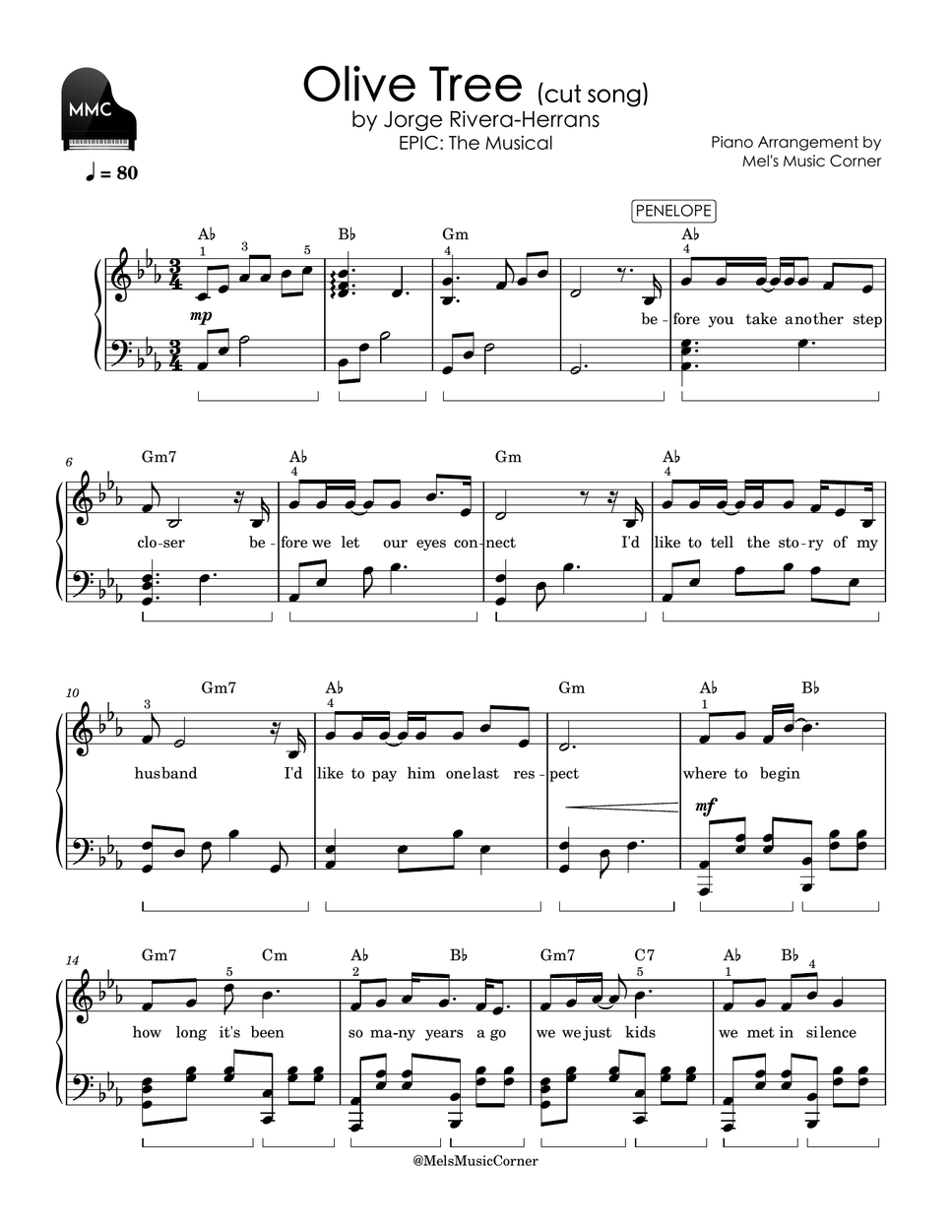 Jorge Rivera-Herrans - Olive Tree (cut song) - EPIC: The Musical (piano sheet music) by Mel's Music Corner