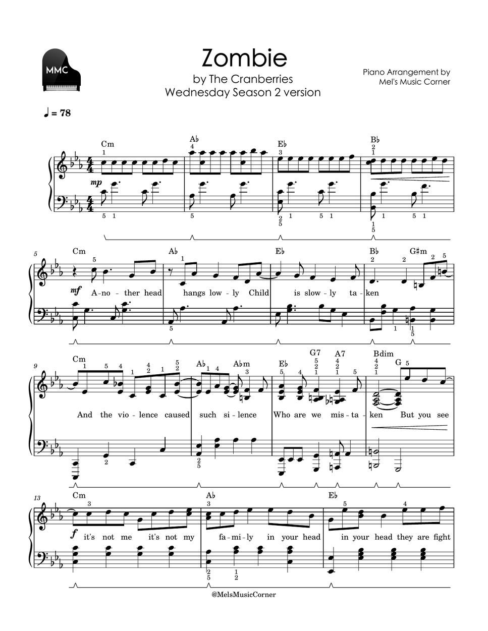 The Cranberries - Zombie (Wednesday Season 2 version) (piano sheet music) by Mel's Music Corner