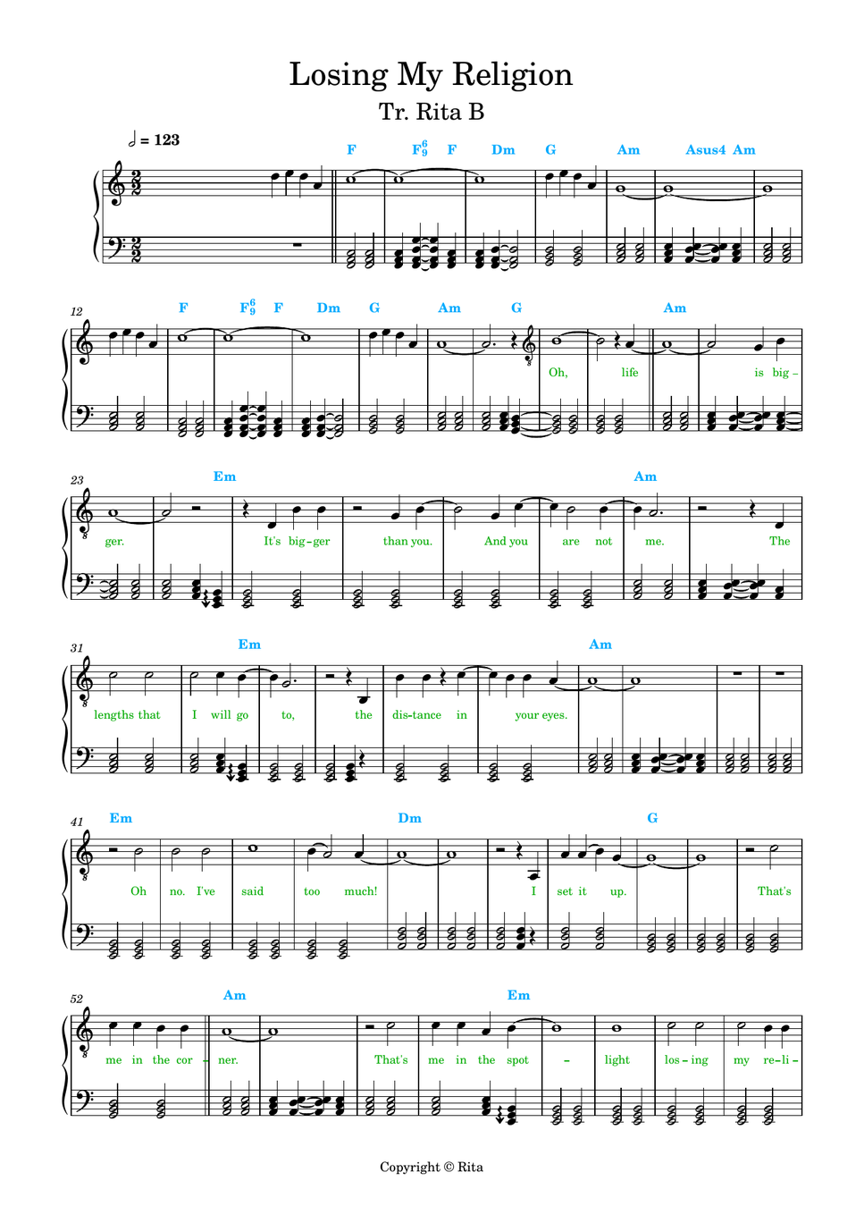 R.E.M. - Losing My Religion (lyrics/chords) by Rita B