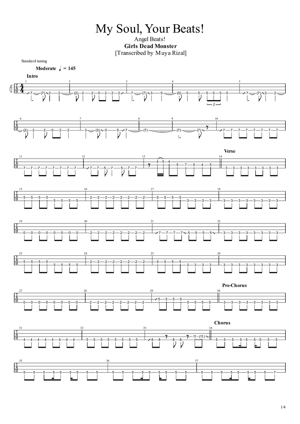Girls Dead Monster - My Soul, Your Beats! (Bass TAB) by Muya