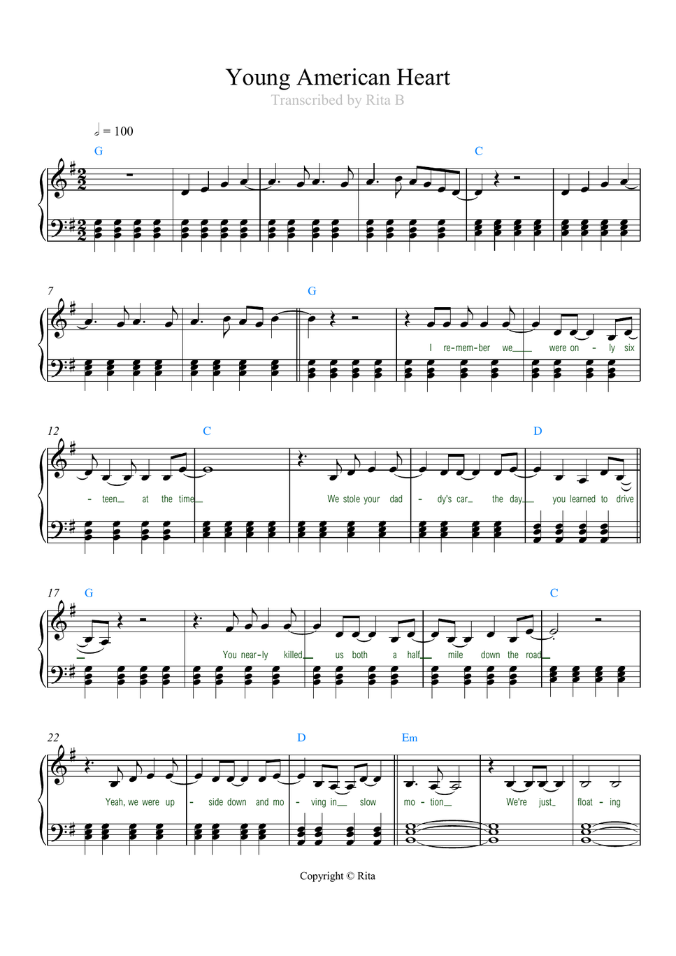 Benson Boone - Young American Heart (lyrics/chords) by Rita B