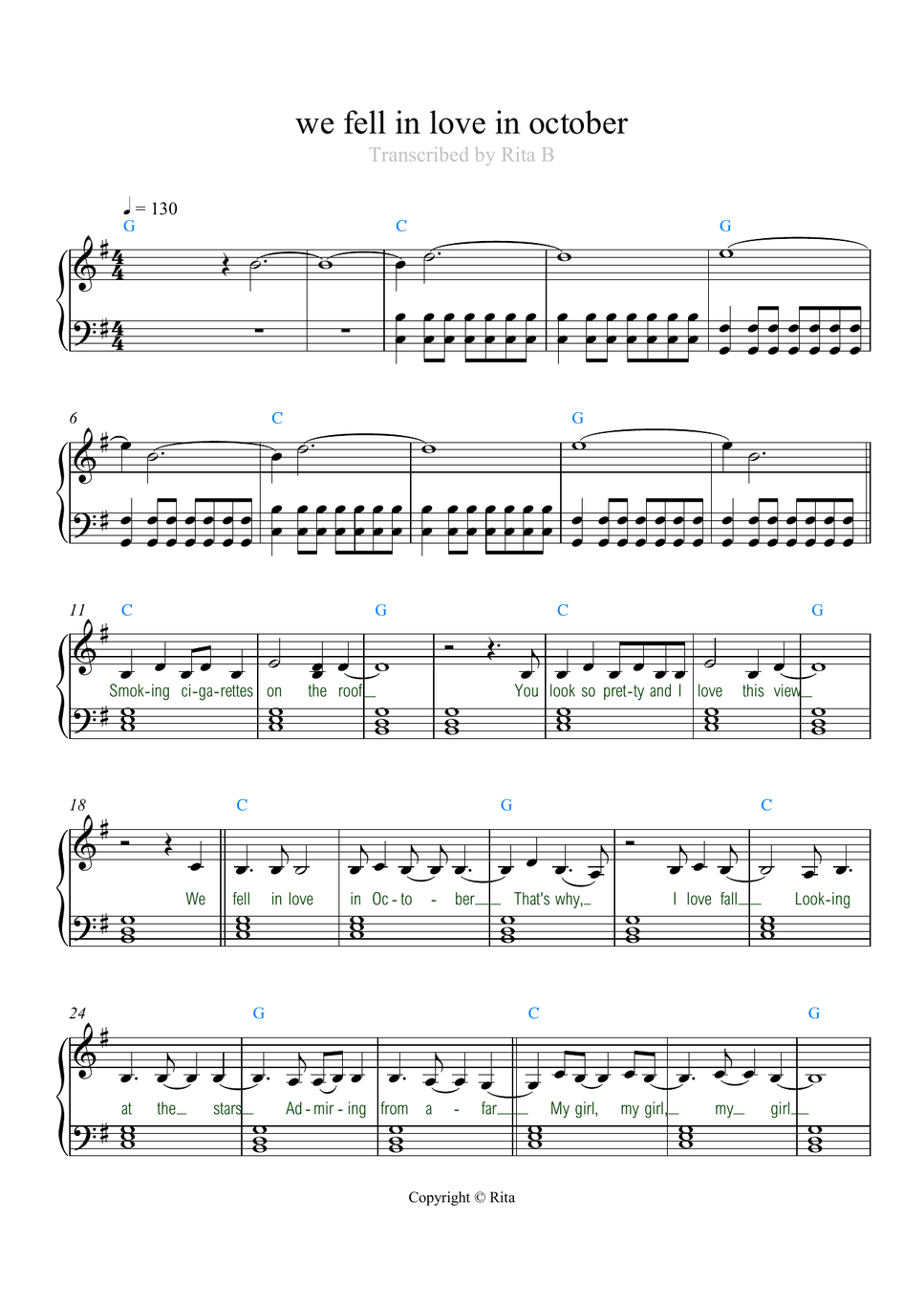 girl in red - we fell in love in october (with lyrics and chord symbols) by Rita B