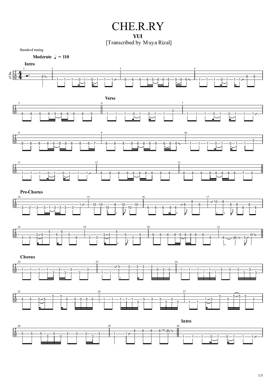 YUI - CHE.R.RY (Bass TAB) by Muya