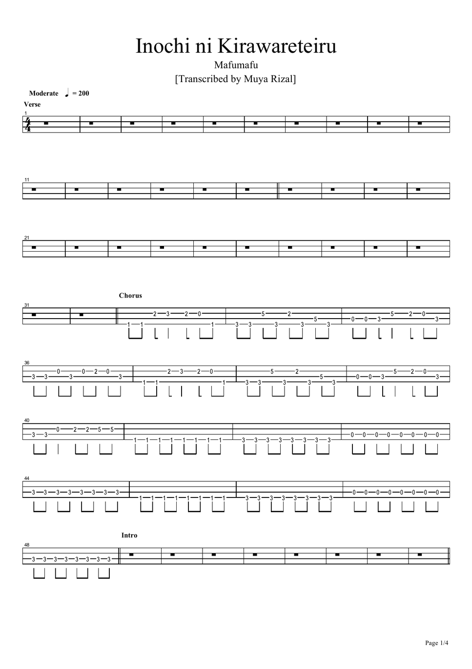 mafumafu - Inochi ni Kirawareteiru (Bass TAB) by Muya