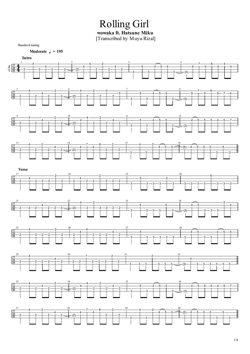 wowaka ft. Hatsune Miku - Rolling Girl (Bass TAB) by Muya