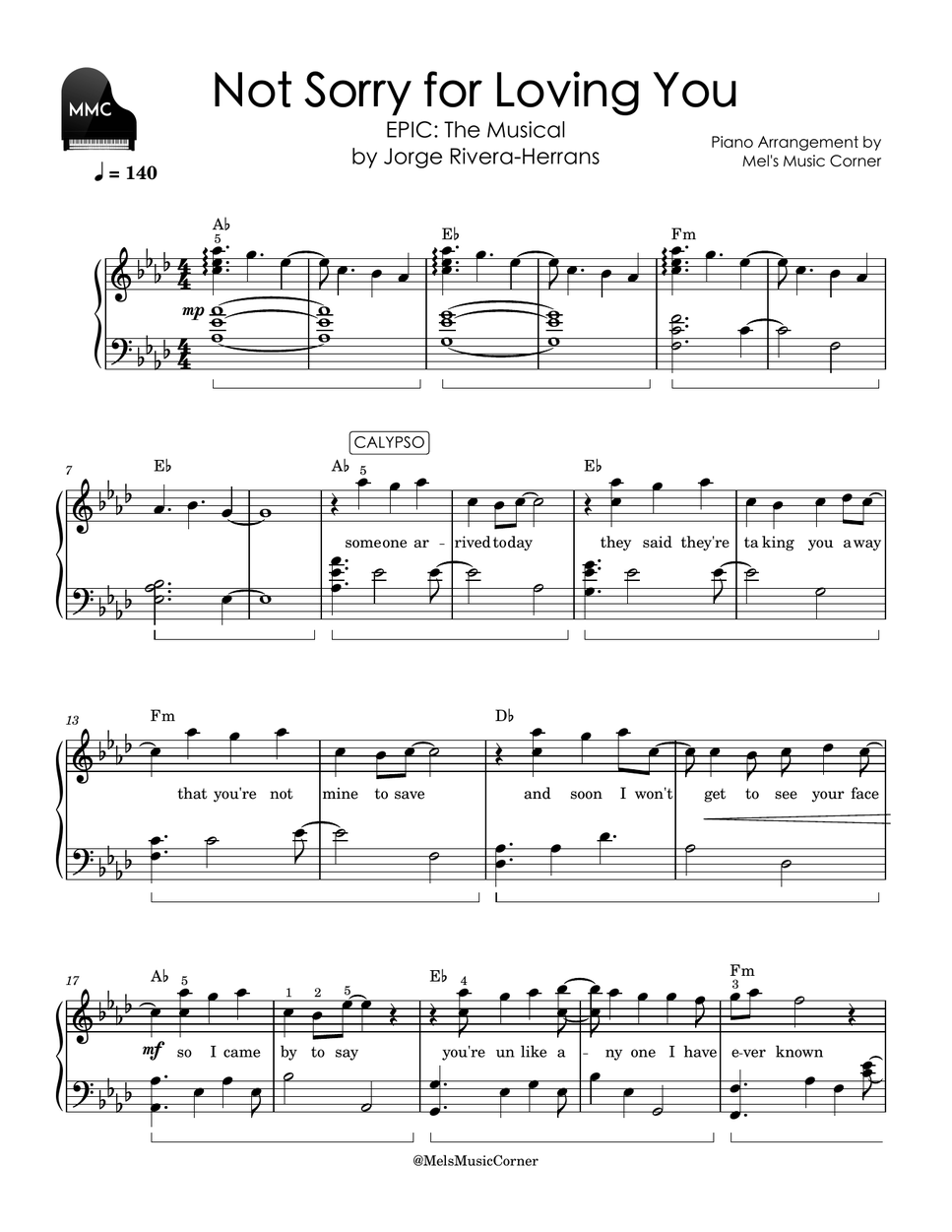 Jorge Rivera-Herrans - Not Sorry for Loving You (piano sheet music) by Mel's Music Corner