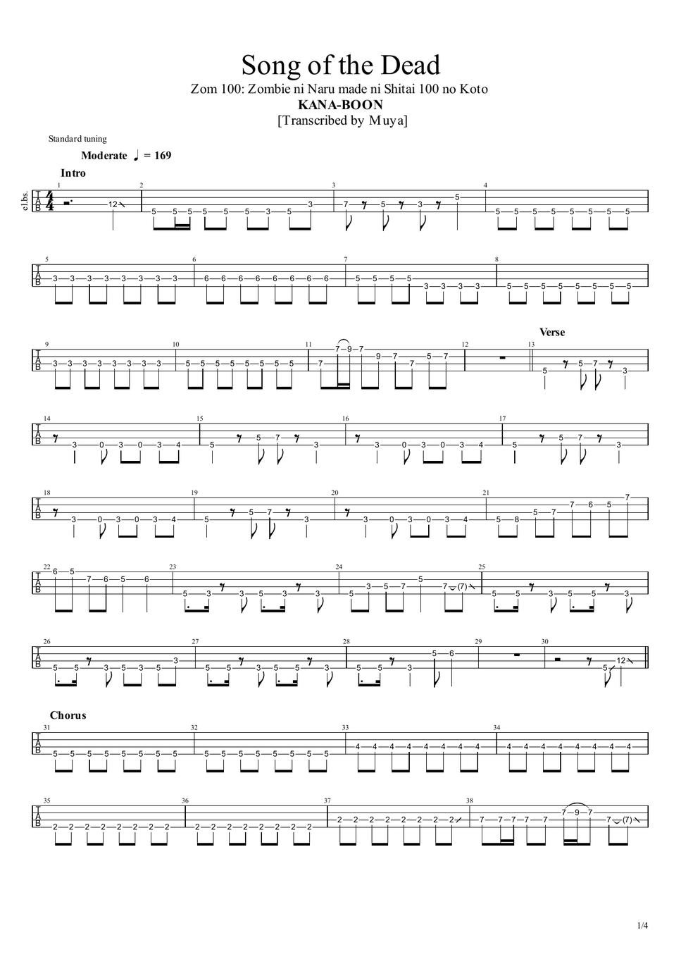 KANA-BOON - Song of the Dead (Bass TAB) by Muya