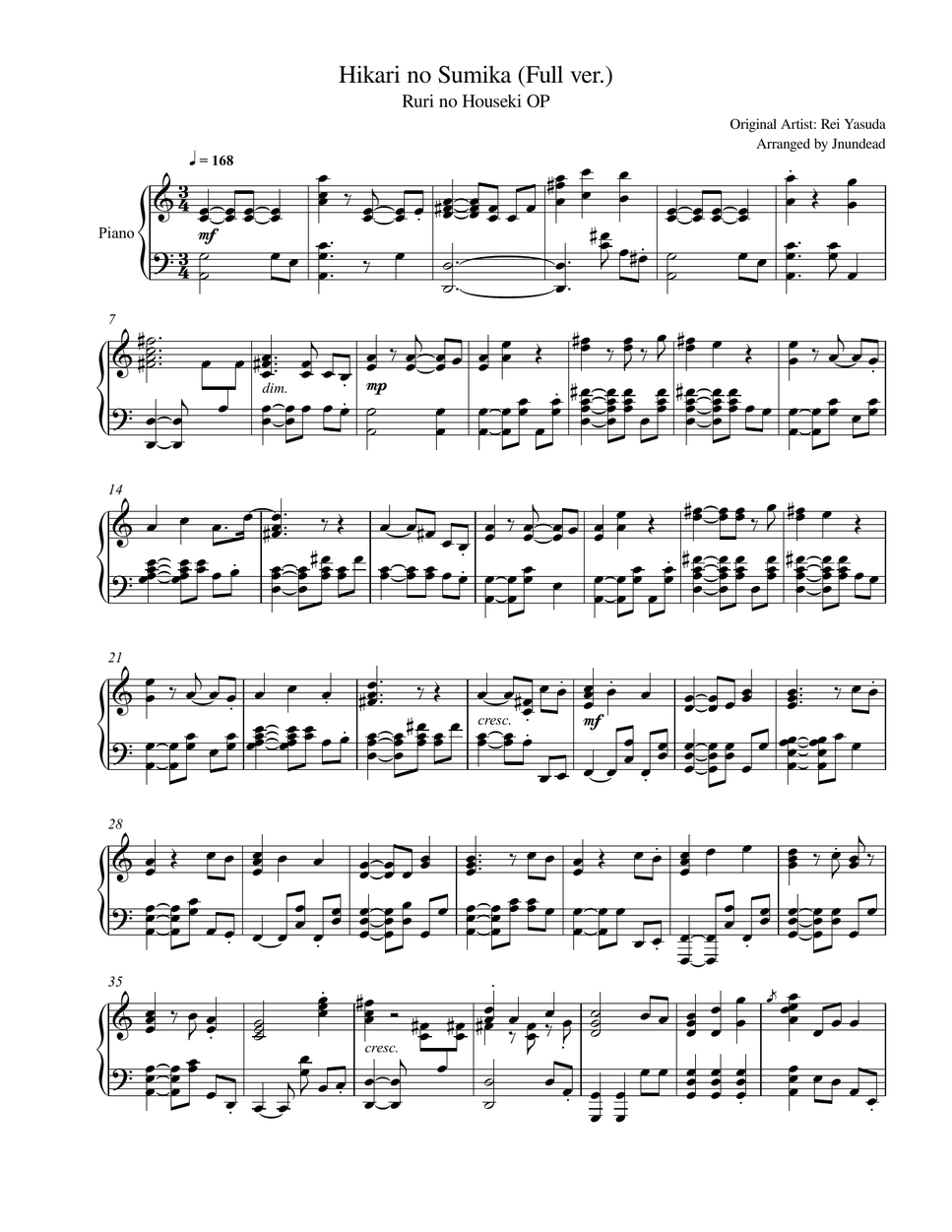 Rei Yasuda - Hikari no Sumika (Full ver.) ピアノ楽譜PDF | Jnundead