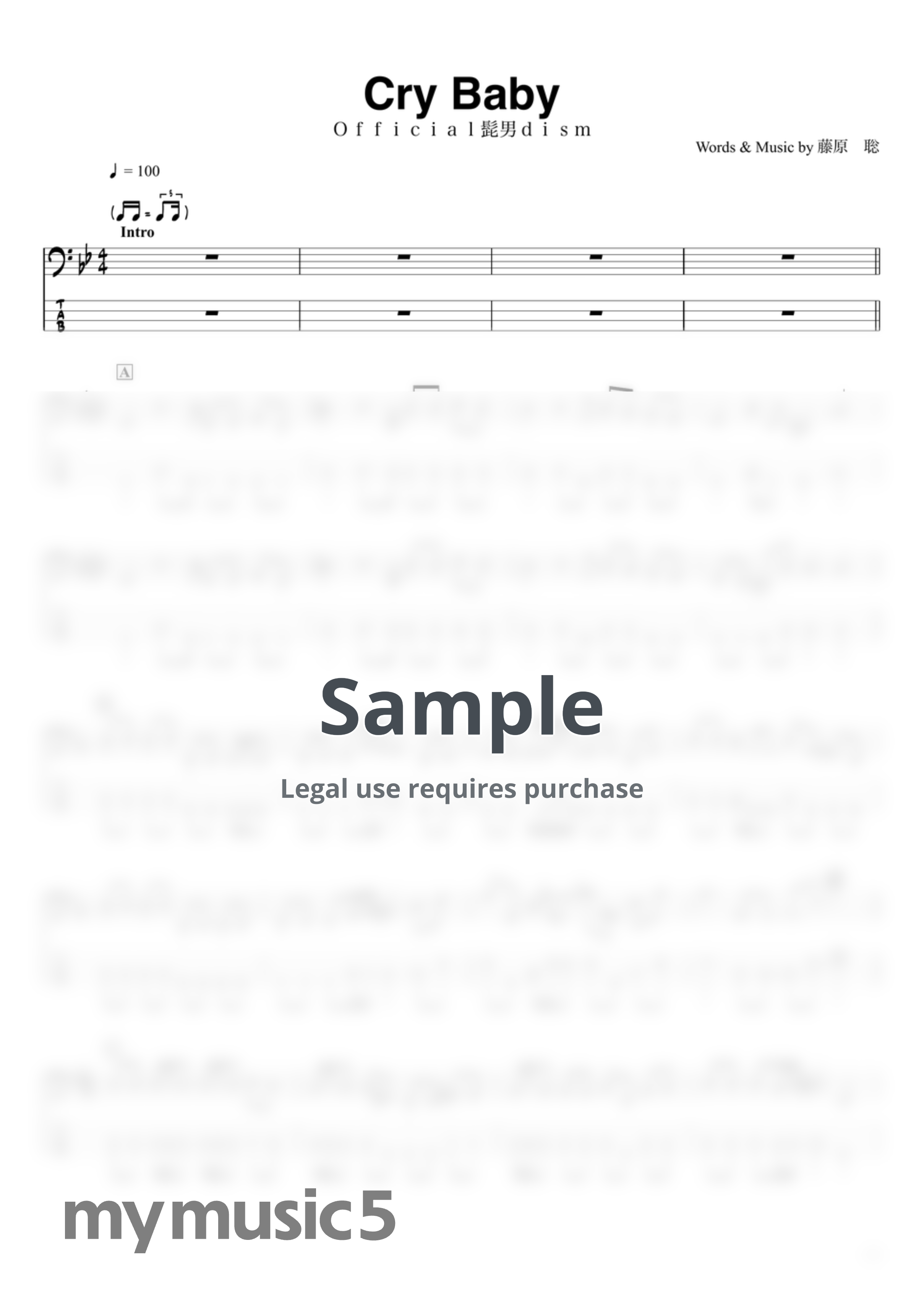 Official髭男dism - Cry Baby (BassTAB 4strings) by swbass