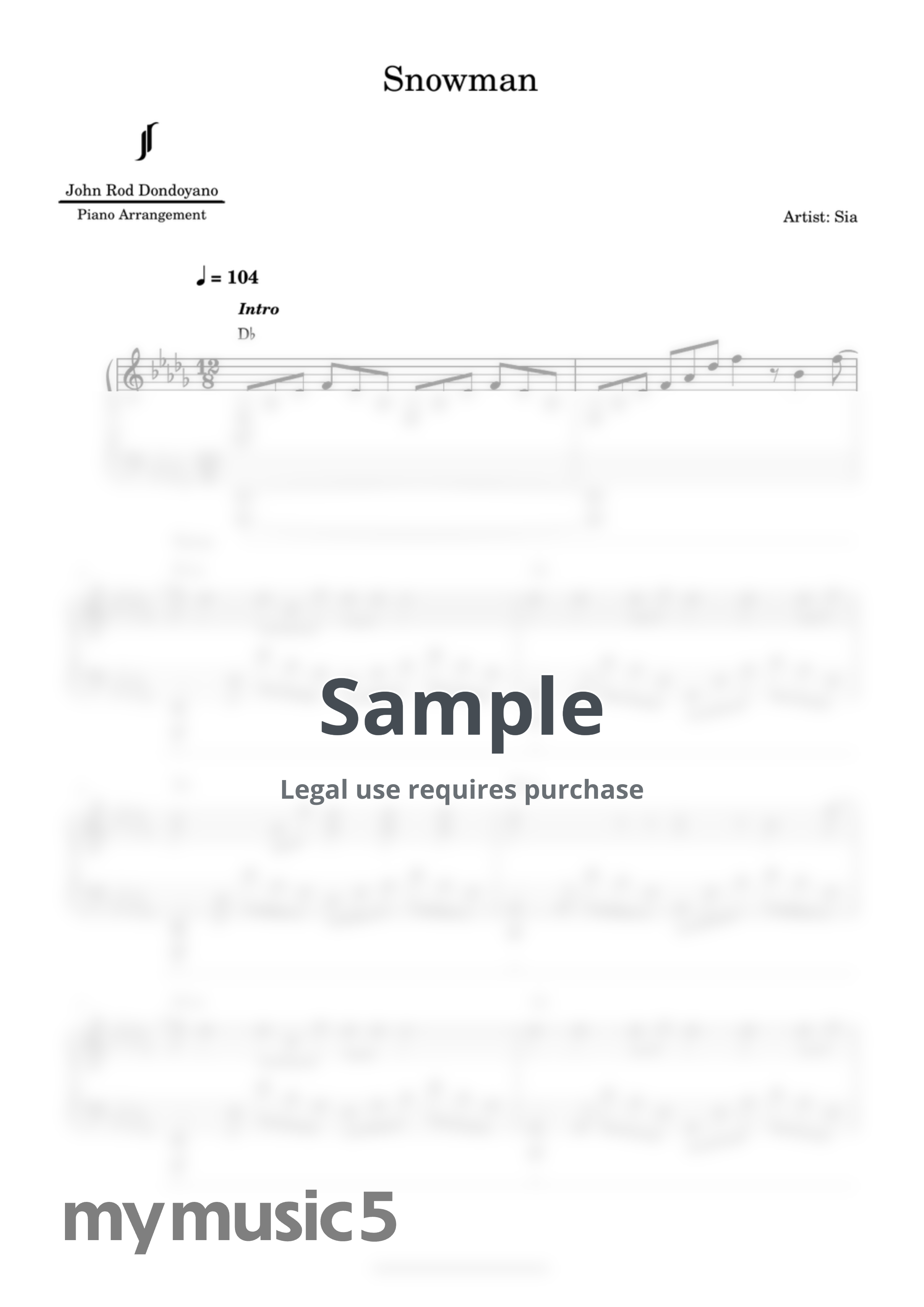 Sia - Snowman (PIANO SHEET) by John Rod Dondoyano