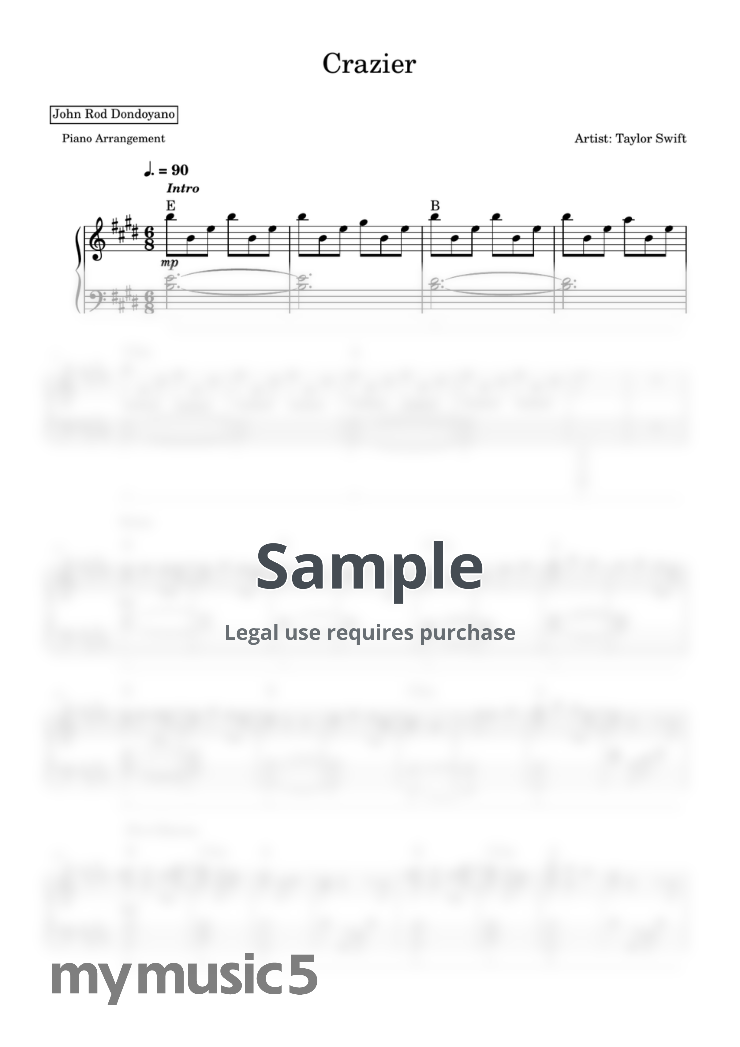 Taylor Swift - Crazier (PIANO SHEET) by John Rod Dondoyano