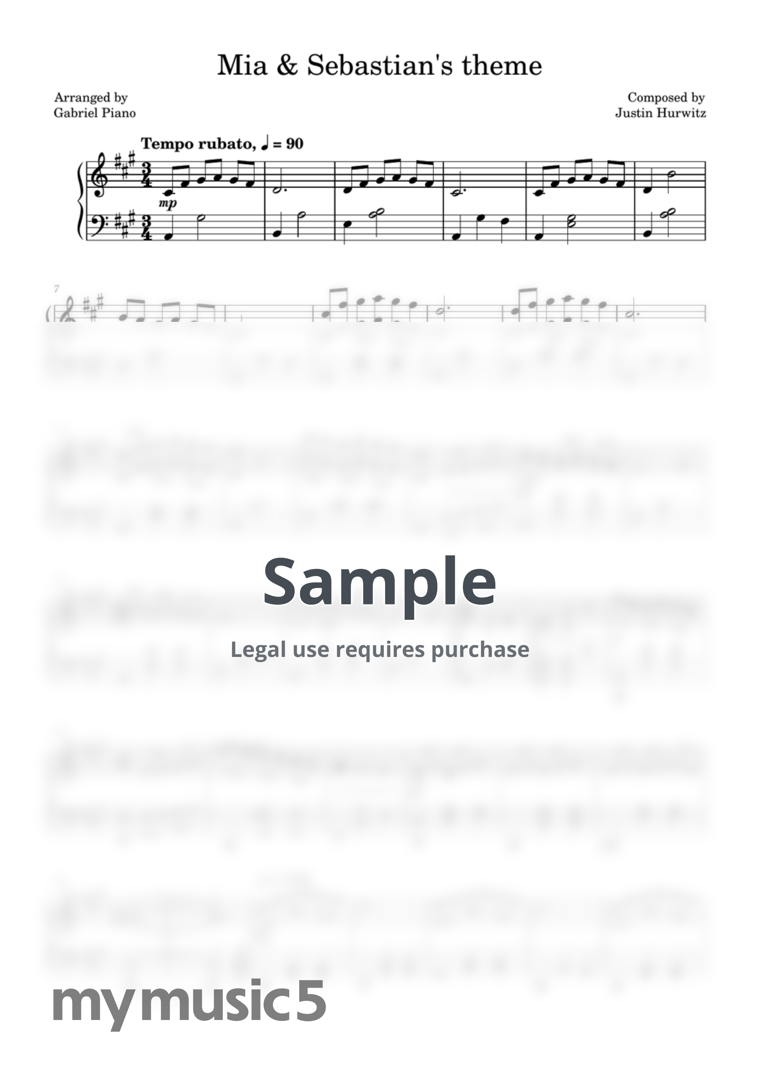 Justin Hurwitz - Mia &amp; Sebastian's theme by Gabriel Piano