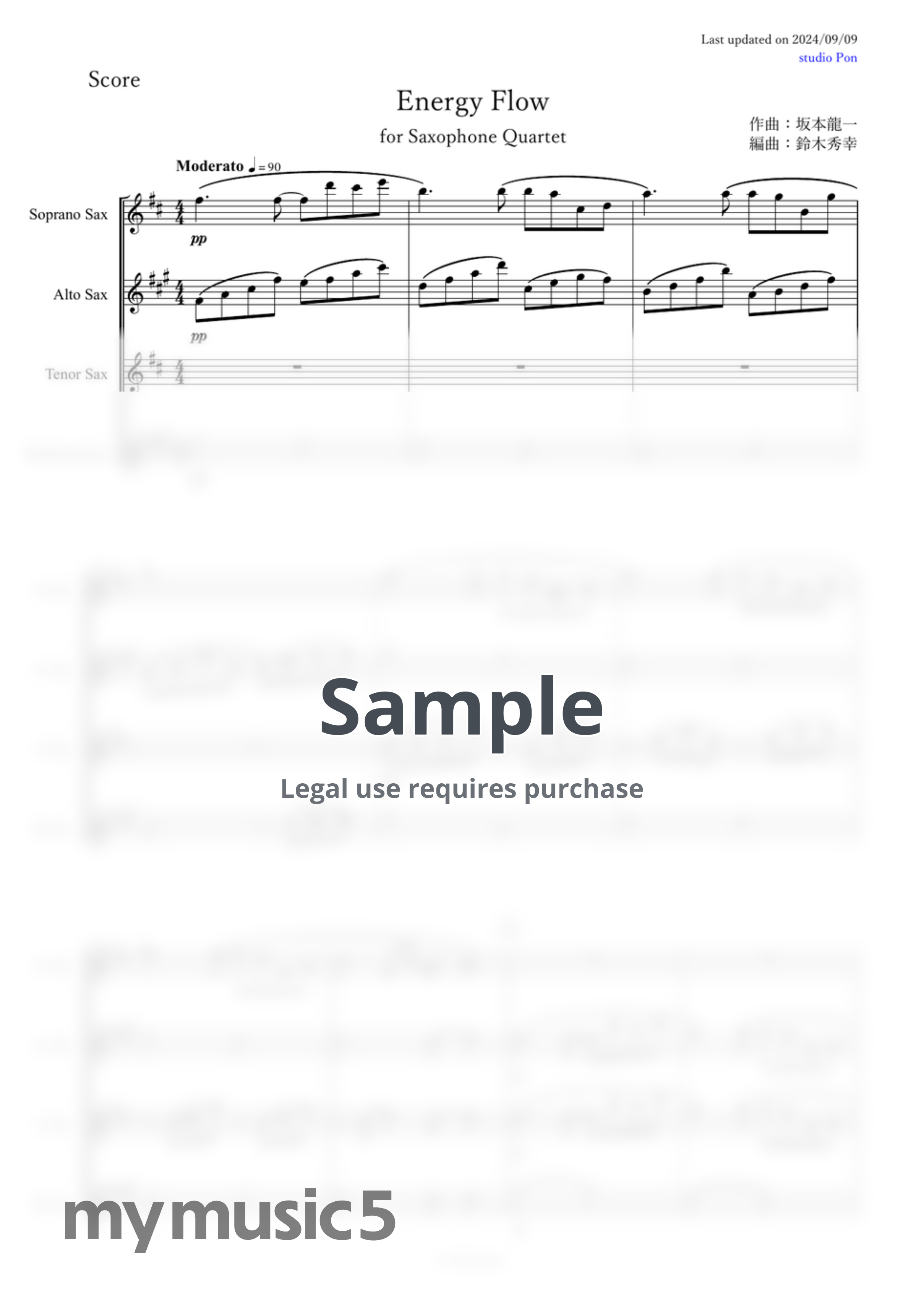 坂本龍一 - energy flow (サックス四重奏/原調C-Major) by studio Pon