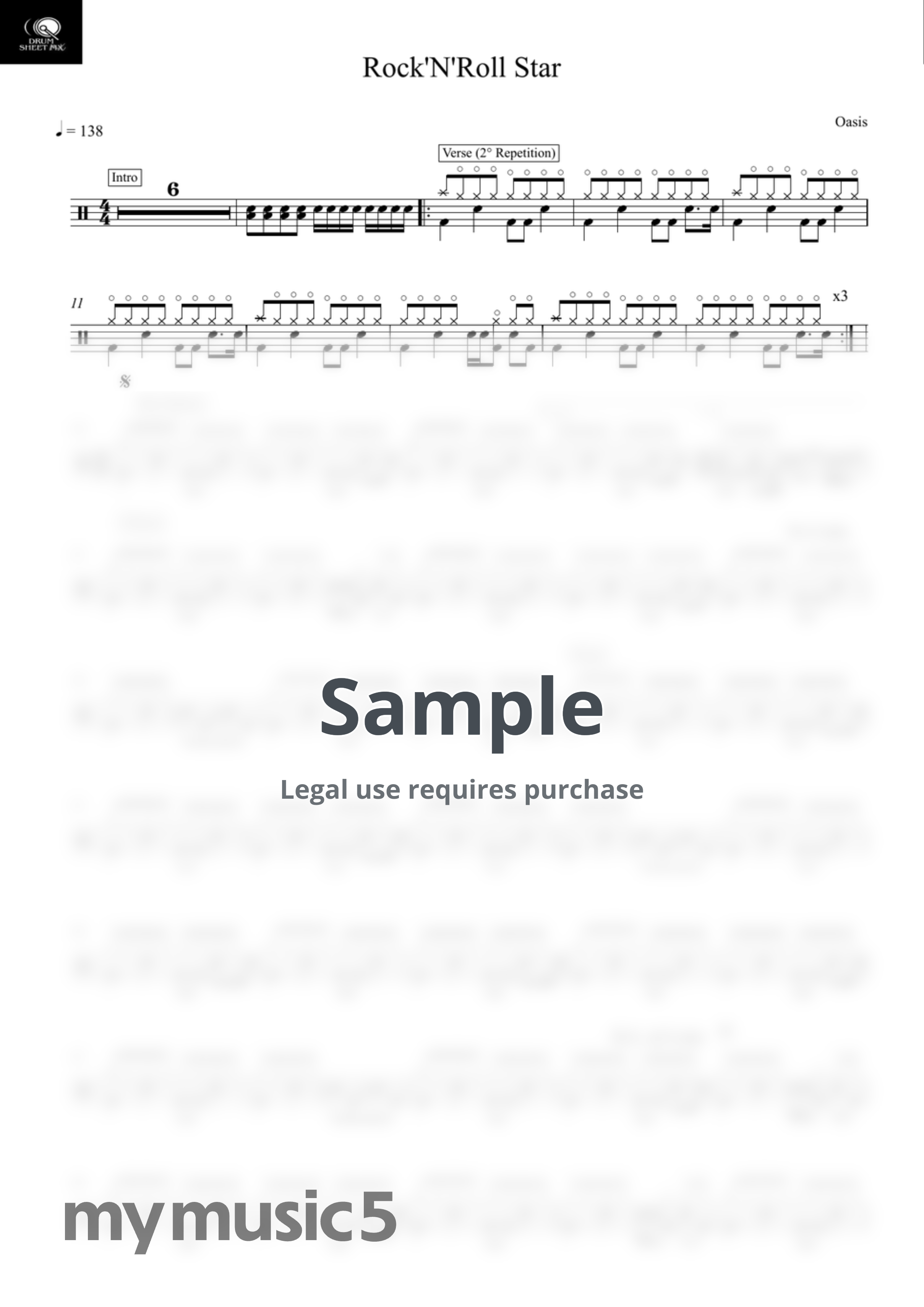 Oasis - Rock'N'Roll Star by Drum Transcription: Drum Sheet MX