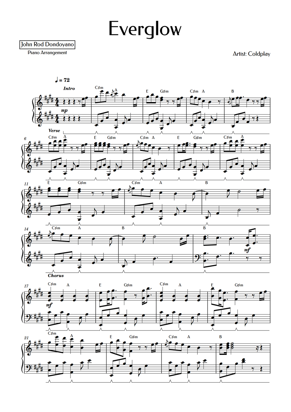 Coldplay Everglow (PIANO SHEET) by John Rod Dondoyano Notenblatt