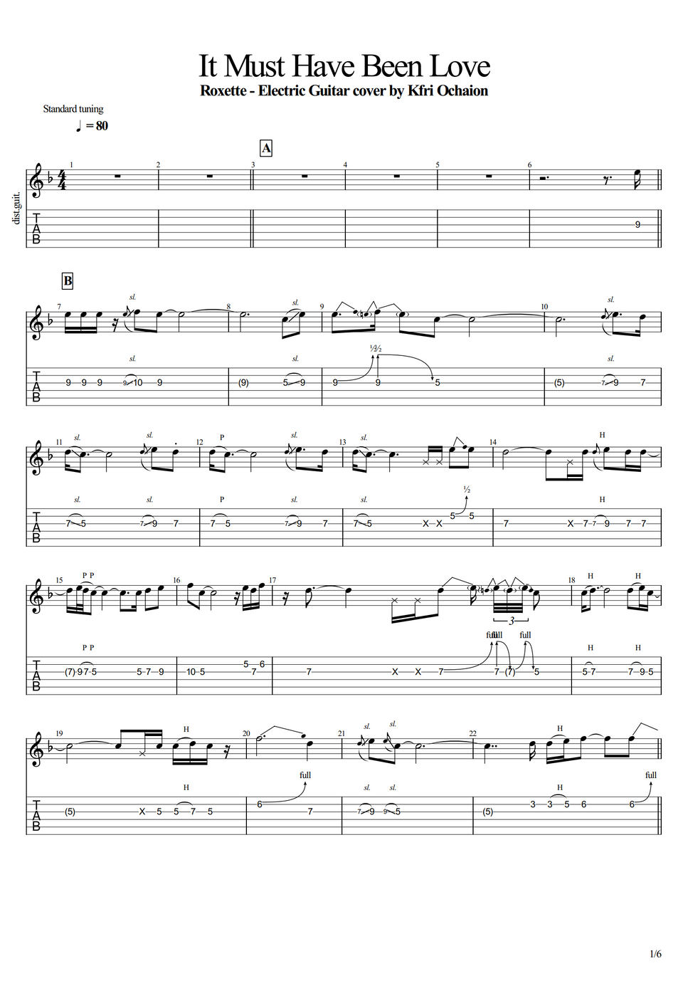 Roxette it must have been love tab by kfir ochaion