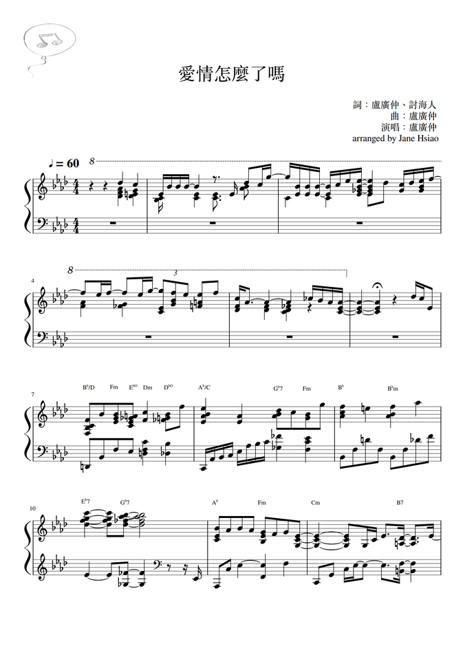 Crowd Lu Self Complacent 電視劇 月村歡迎你 片頭曲 By Jane Hsiao Sheet