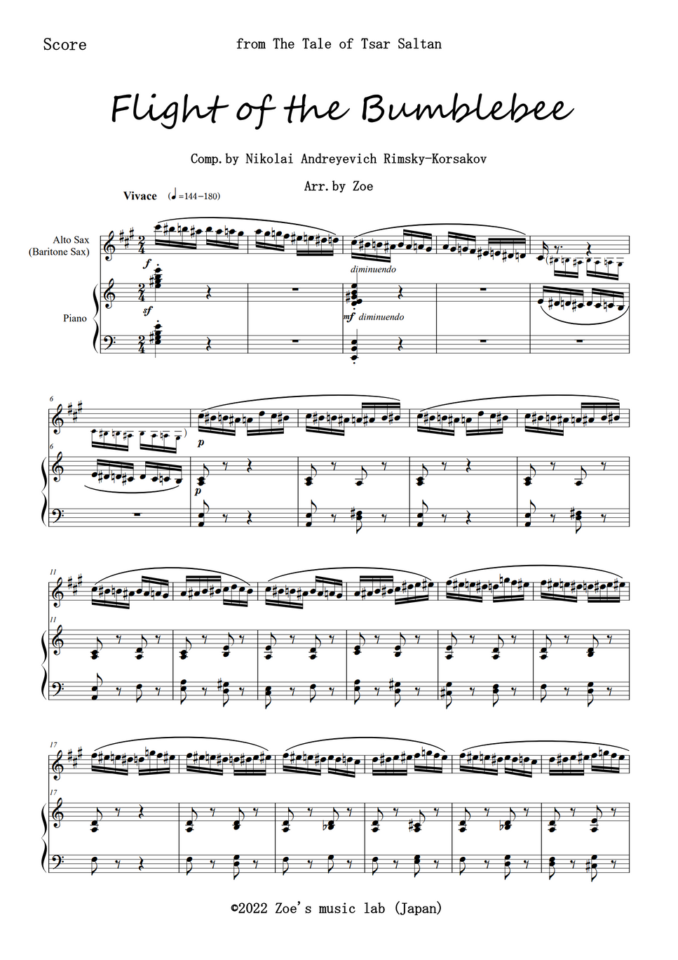 RimskyKorsakov 熊蜂の飛行 for Alto Sax and Piano (Flight of the Bumblebee