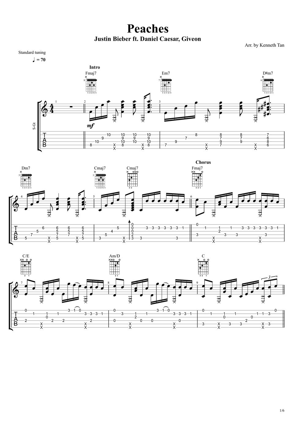 Justin Bieber ft. Daniel Caesar, Giveon Fingerstyle Guitar Peaches