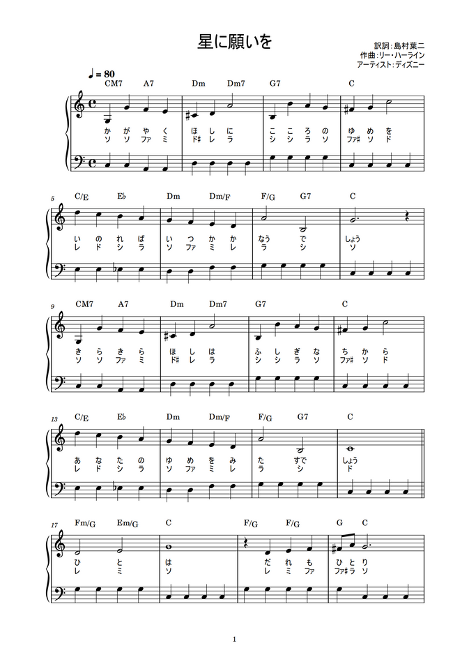 ディズニー 星に願いを かんたん 歌詞付き ドレミ付き 初心者 By Piano Tokyo Sheet