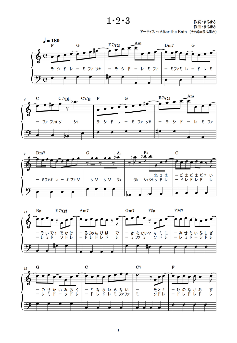After The Rain そらる まふまふ 1 2 3 かんたん 歌詞付き ドレミ付き 初心者 By Piano Tokyo Sheet