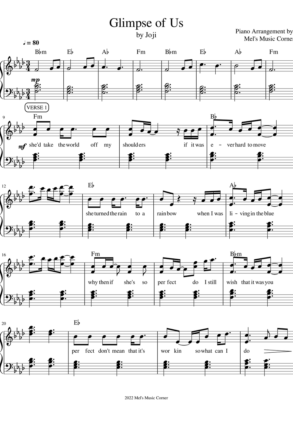 Joji Glimpse of Us (piano sheet music) by Mel's Music Corner Helaian