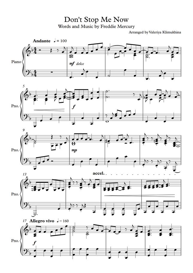 Queen - Don't Stop Me Now (for Piano Solo) Sheet Music