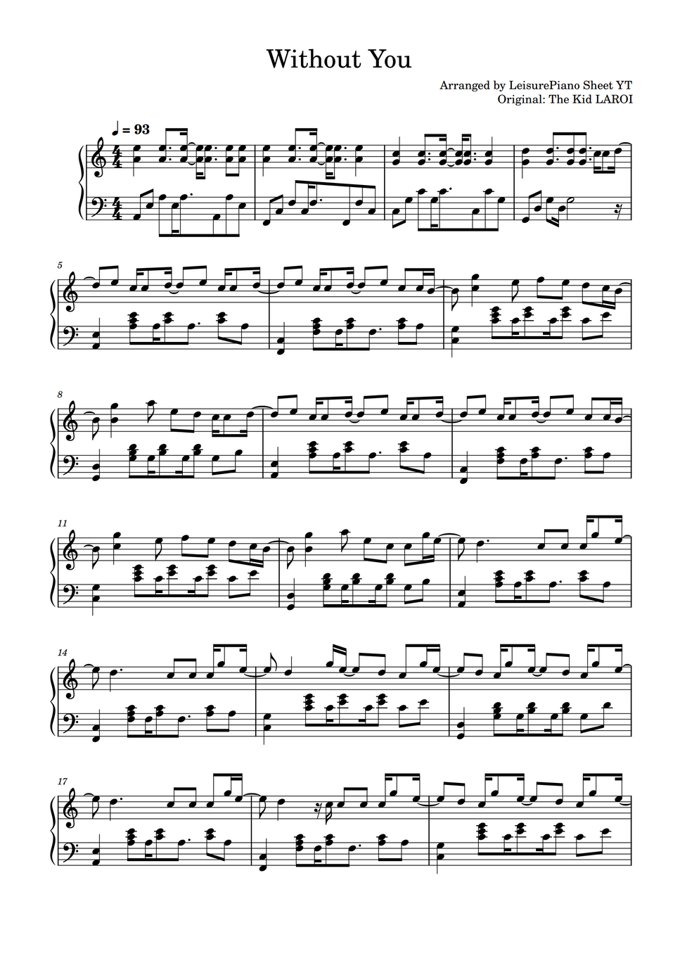 The Kid LAROI Without You by Leisure Piano Sheets YT Spartito