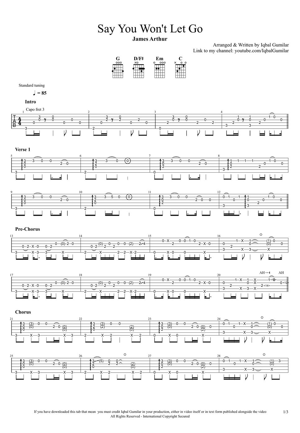 James Arthur - Say You Won't Let Go TAB by Iqbal Gumilar