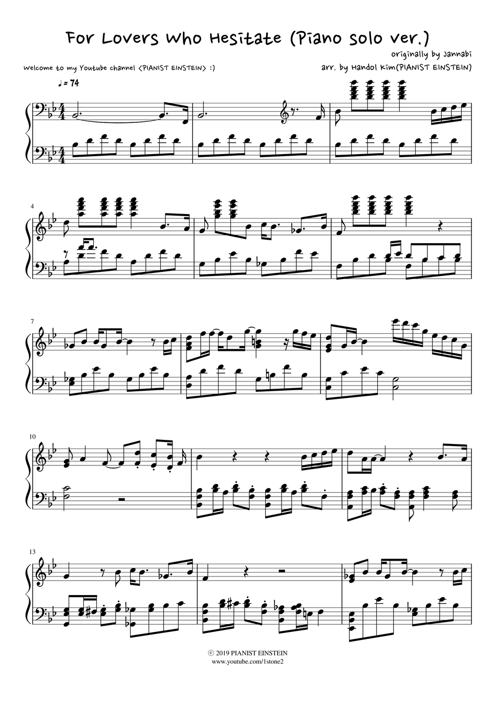 Jannabi For Lovers Who Hesitate Piano Solo Ver By Pianist Einstein Sheet