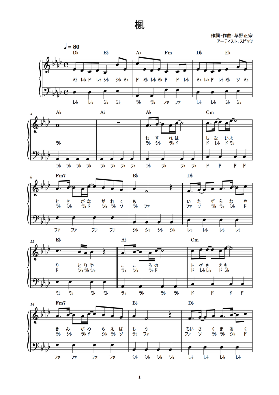 スピッツ 楓 かんたん 歌詞付き ドレミ付き 初心者 By Piano Tokyo楽譜