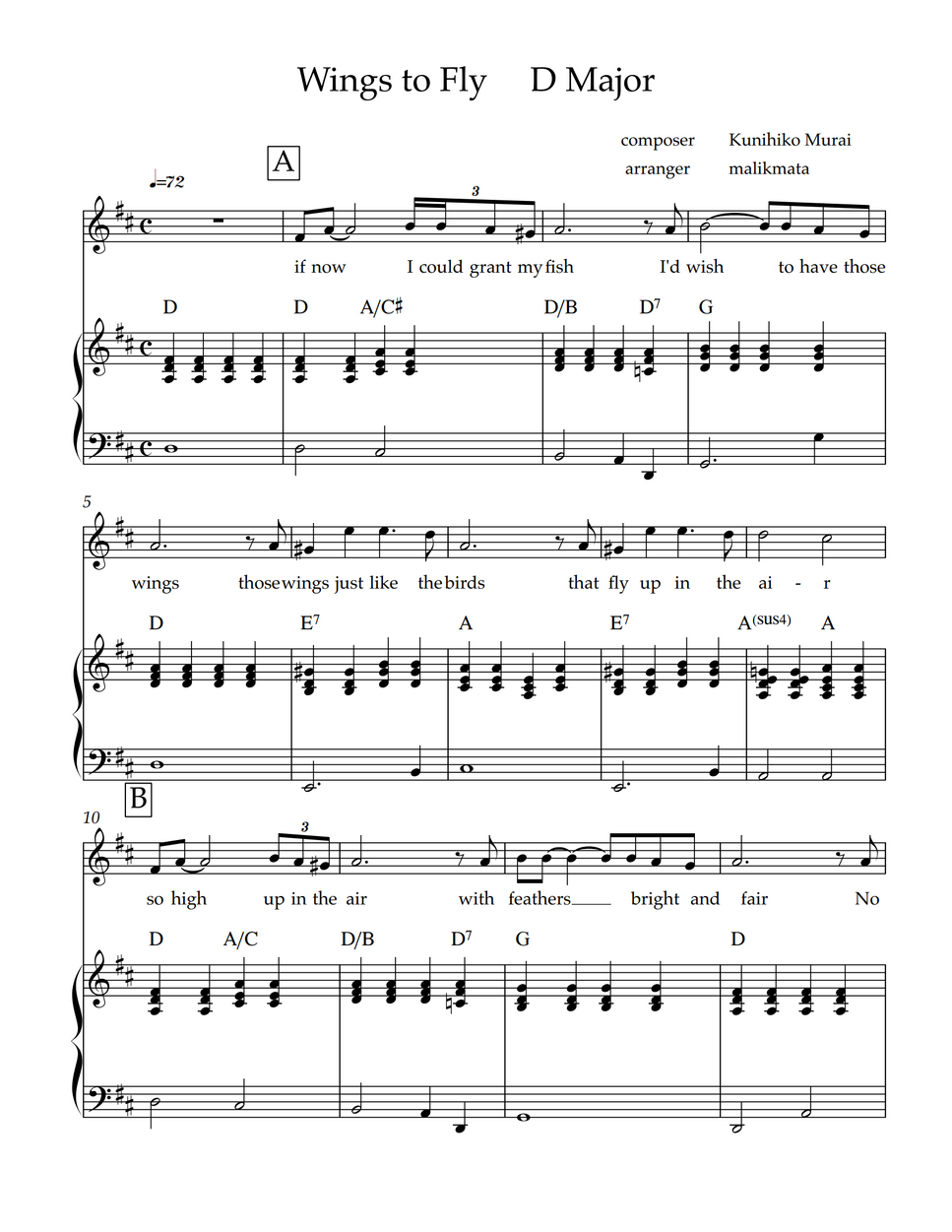 Kunihiko Murai Wings to Fly (key in D) by Malikmata Sheet