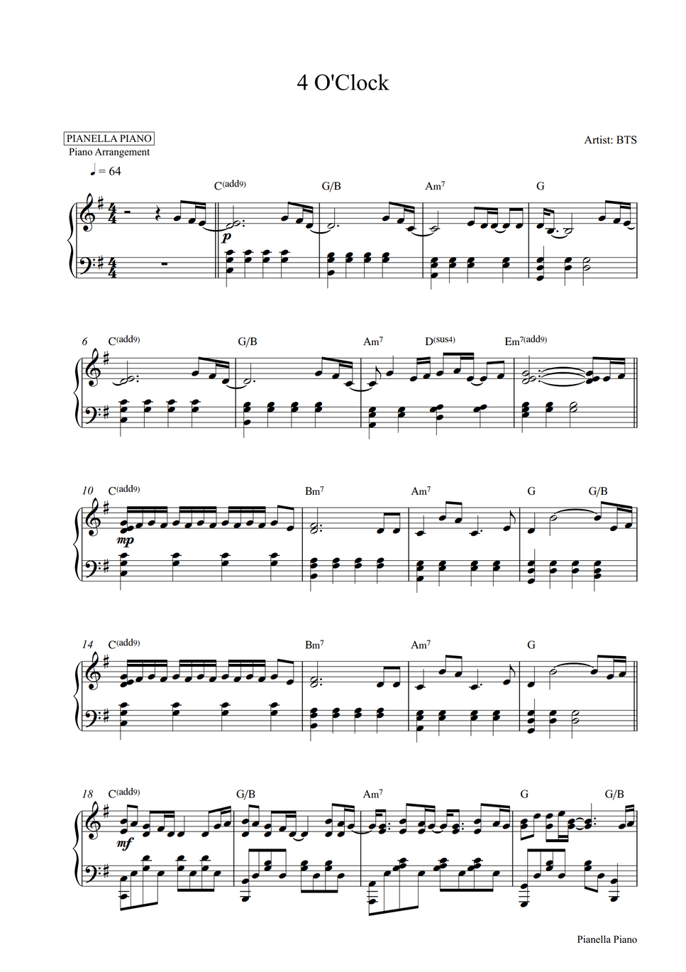 BTS 4 O'CLOCK (Piano Sheet) by Pianella Piano 曲谱
