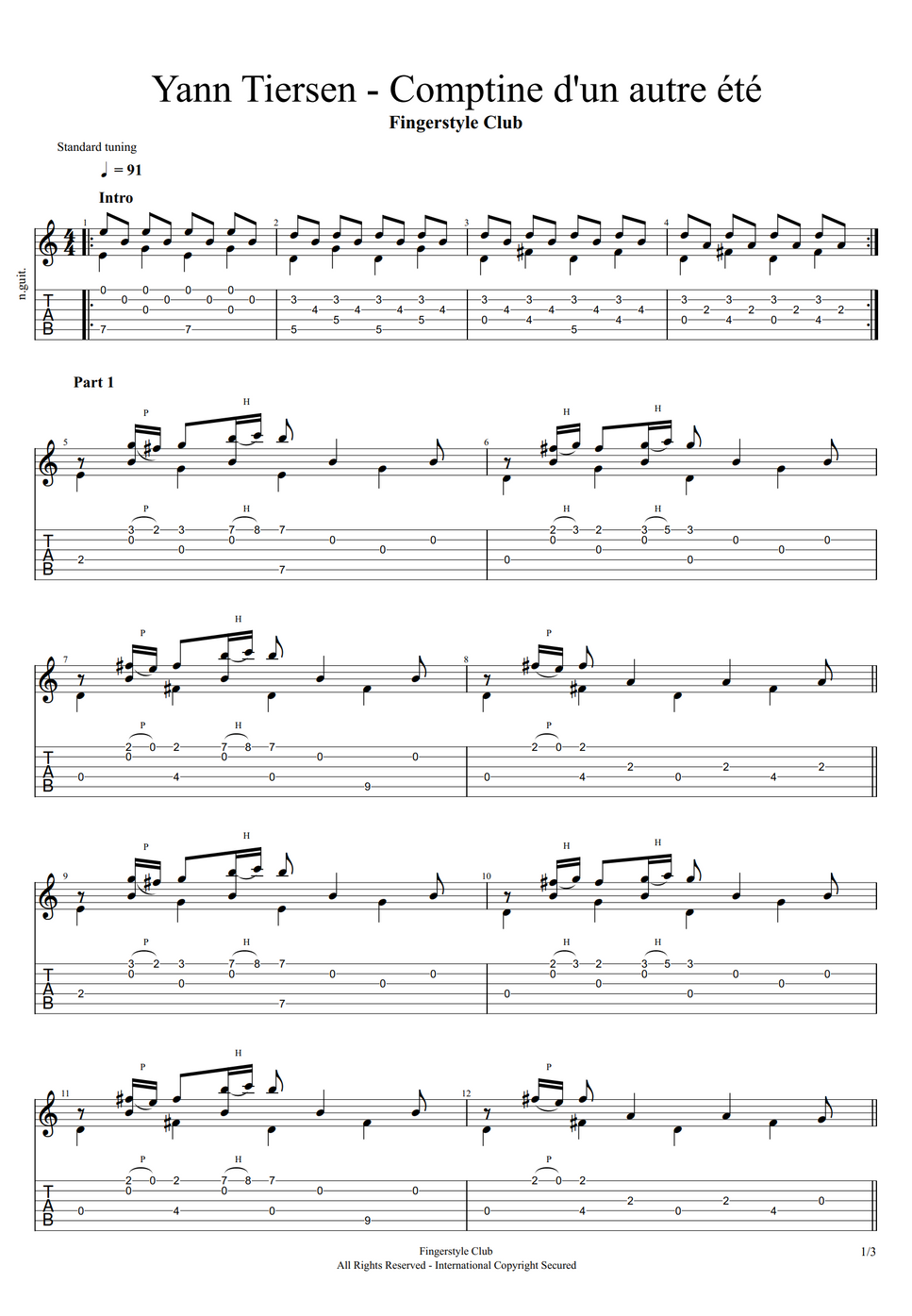 Yann Tiersen Comptine d'un autre été by Fingerstyle Club Partition