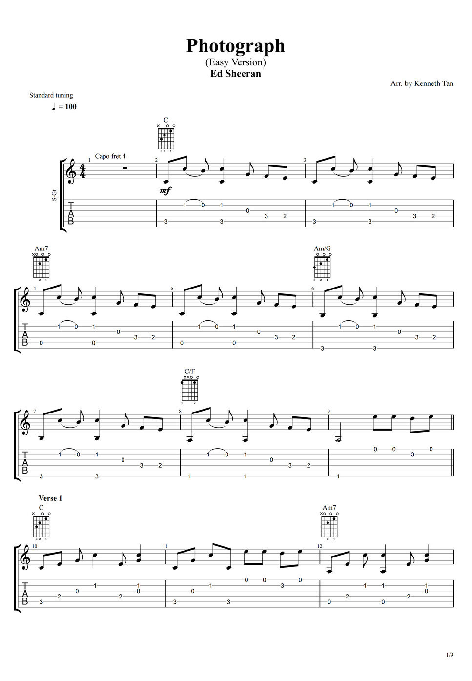 Ed Sheeran Photograph (Easy Version) Fingerstyle Guitar แผ่น