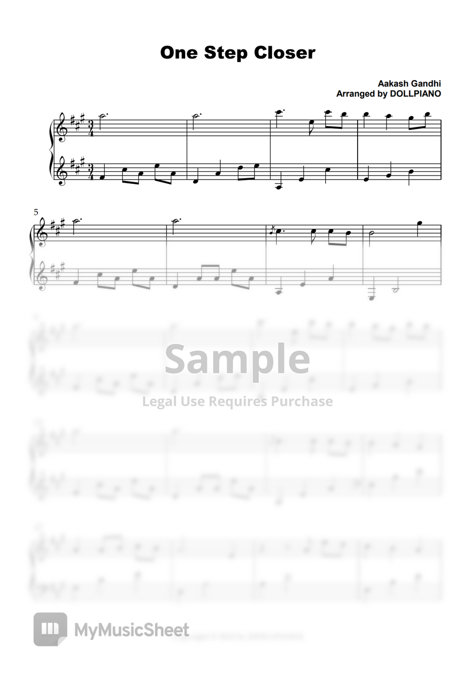 Aakash Gandhi One Step Closer (원키 (샾 3개)) by DOLLPIANO แผ่น