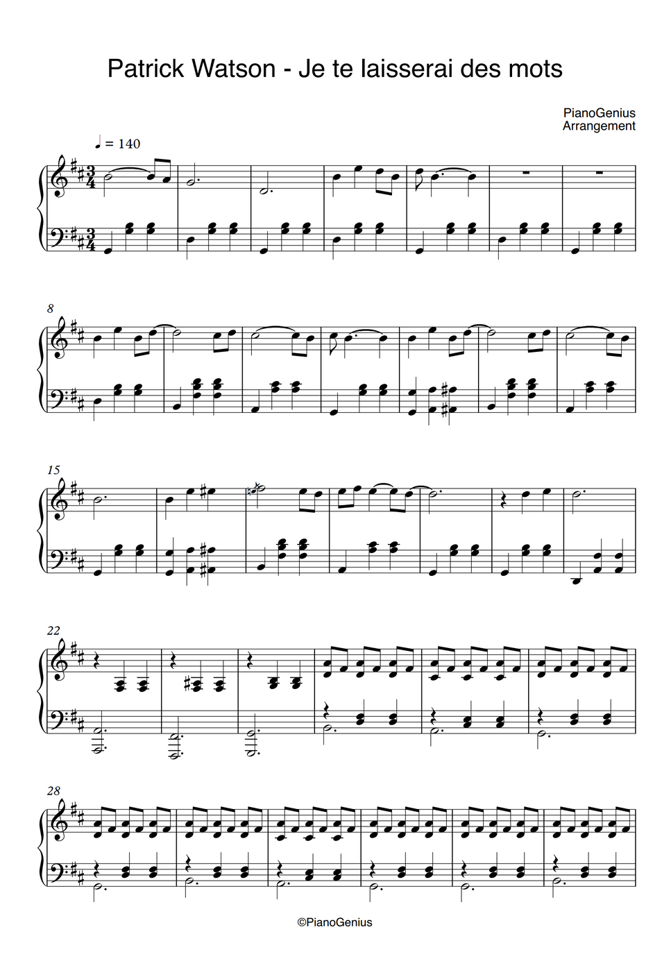 Patrick Watson Je te laisserai des mots by PianoGenius نوتة