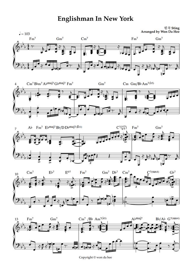 Sting Englishman In New York (Funk piano) by 원다희Won Da Hee Sheet Music