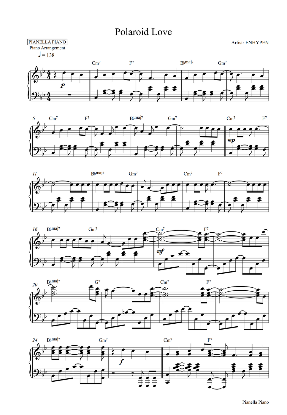 Enhypen polaroid love piano sheet by pianella piano lembar musik
